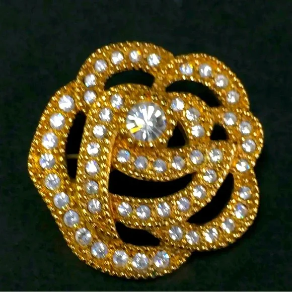 CHRISTIAN DIOR GOLD PLATED BROOCH PIN AUTHENTIC NEW WITH RHINESTONES! FLOWER! - Picture 1 of 6